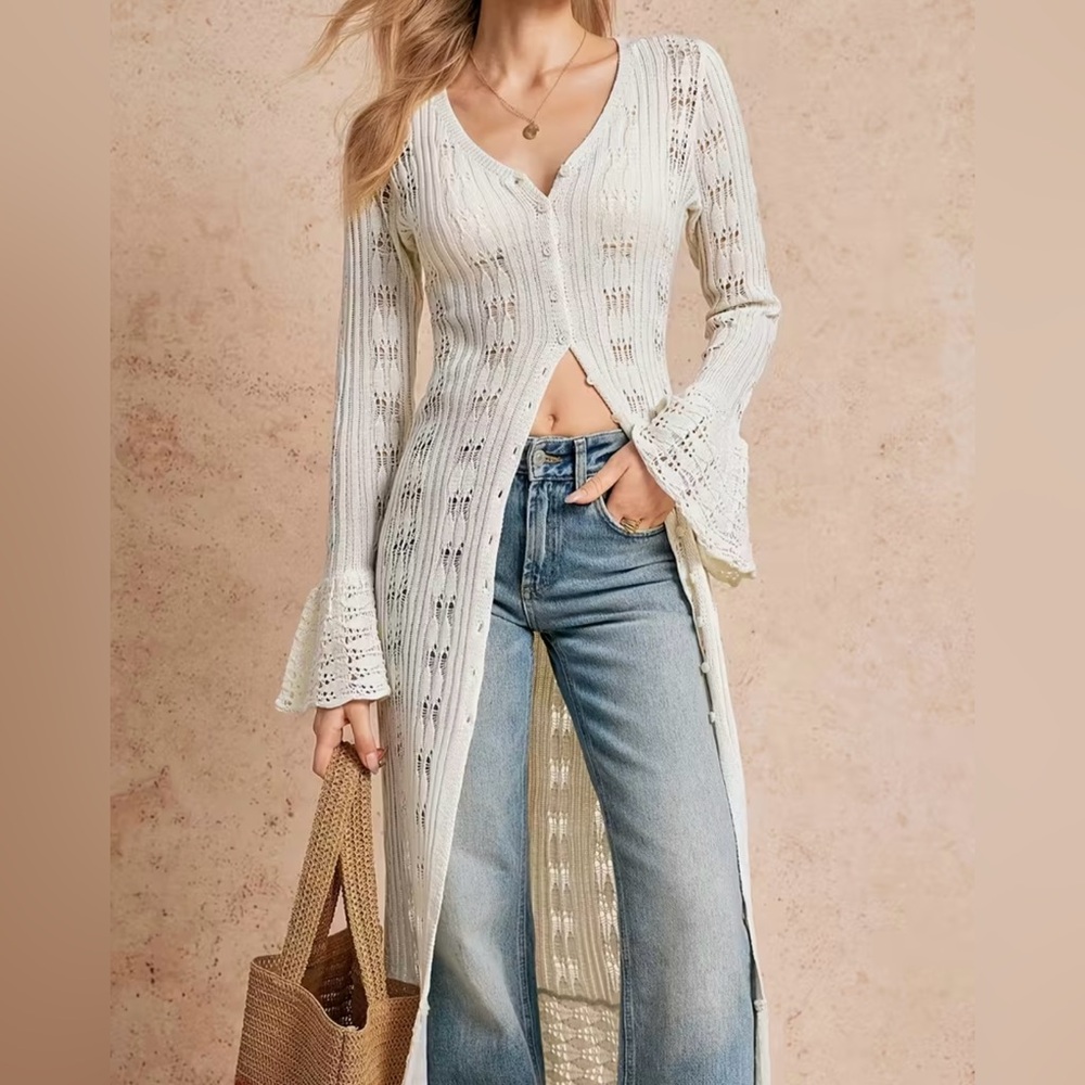 Cream Crochet Button Front Bell Sleeves Long Cardigan - Picture 8 of 11